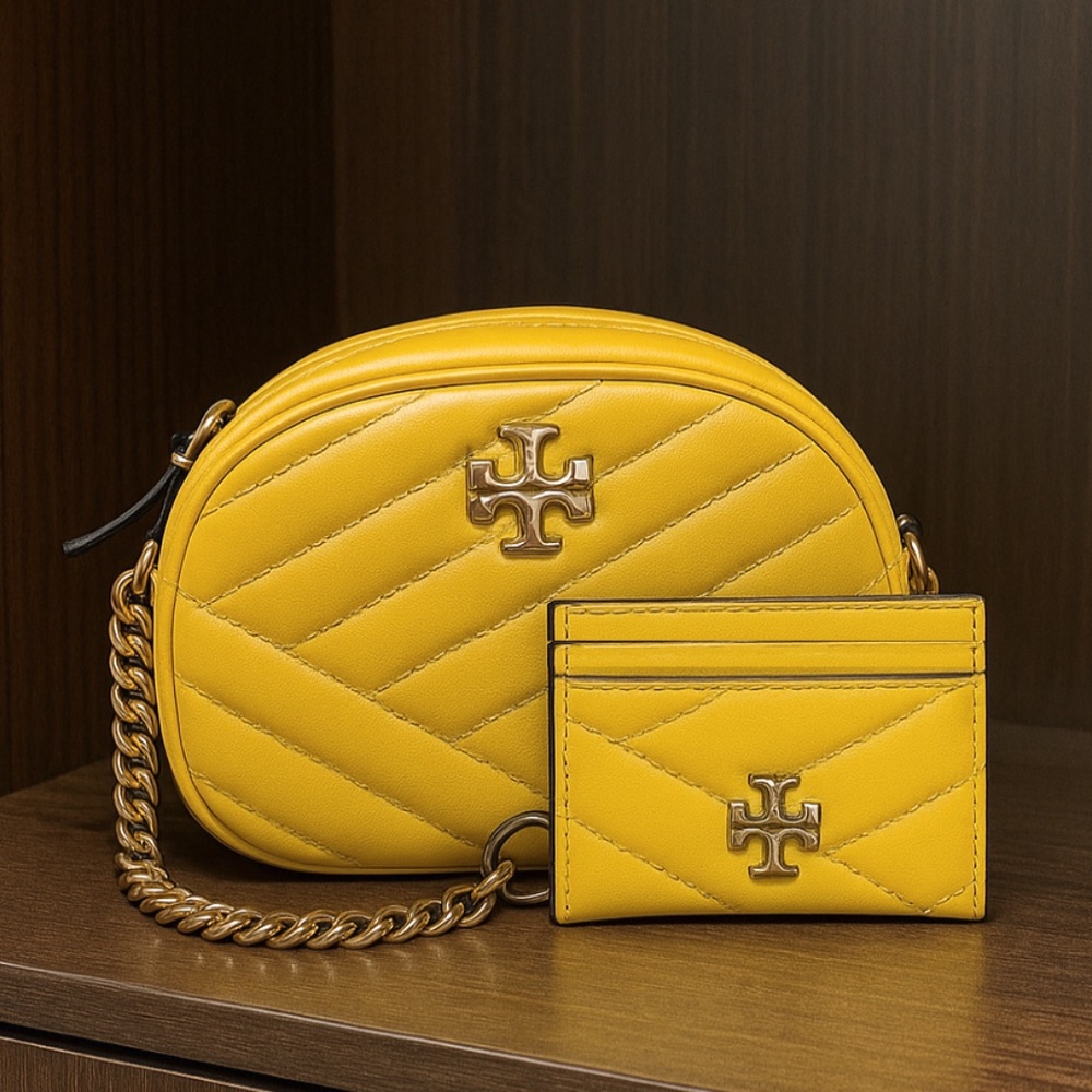 NEW Tory Burch Kira Chevron Goldfinch Yellow Small Camera Bag + Card Case Set